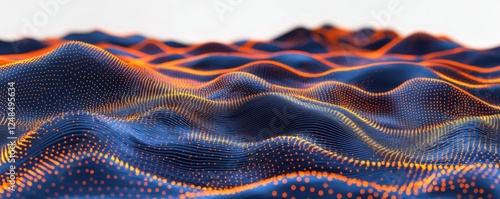 Abstract blue dark background with orange dots and lines- creating a wave pattern on the surface of mountains- 3D rendering- white background- high resolution