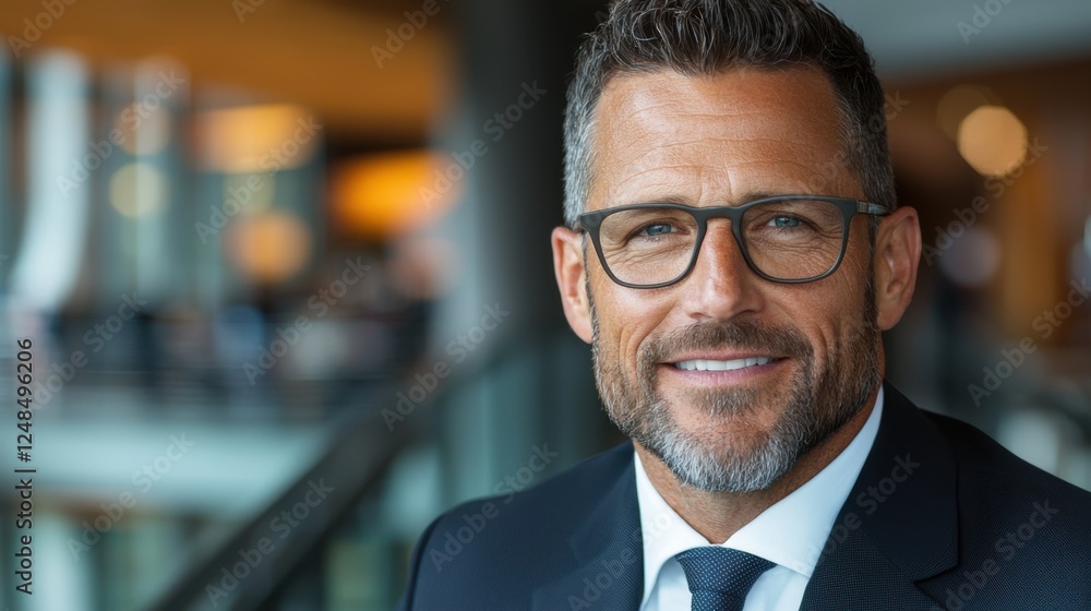 Fototapeta premium Confident and Professional Businessperson s Portrait in Corporate Attire with Glasses Smiling and Conveying Authority Leadership and Business Success
