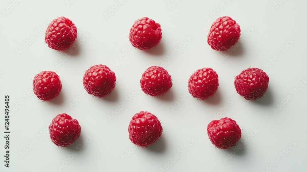 Fresh red raspberries arranged on white background for minimalist design Fresh red raspberries arranged on white background for minimalist design
