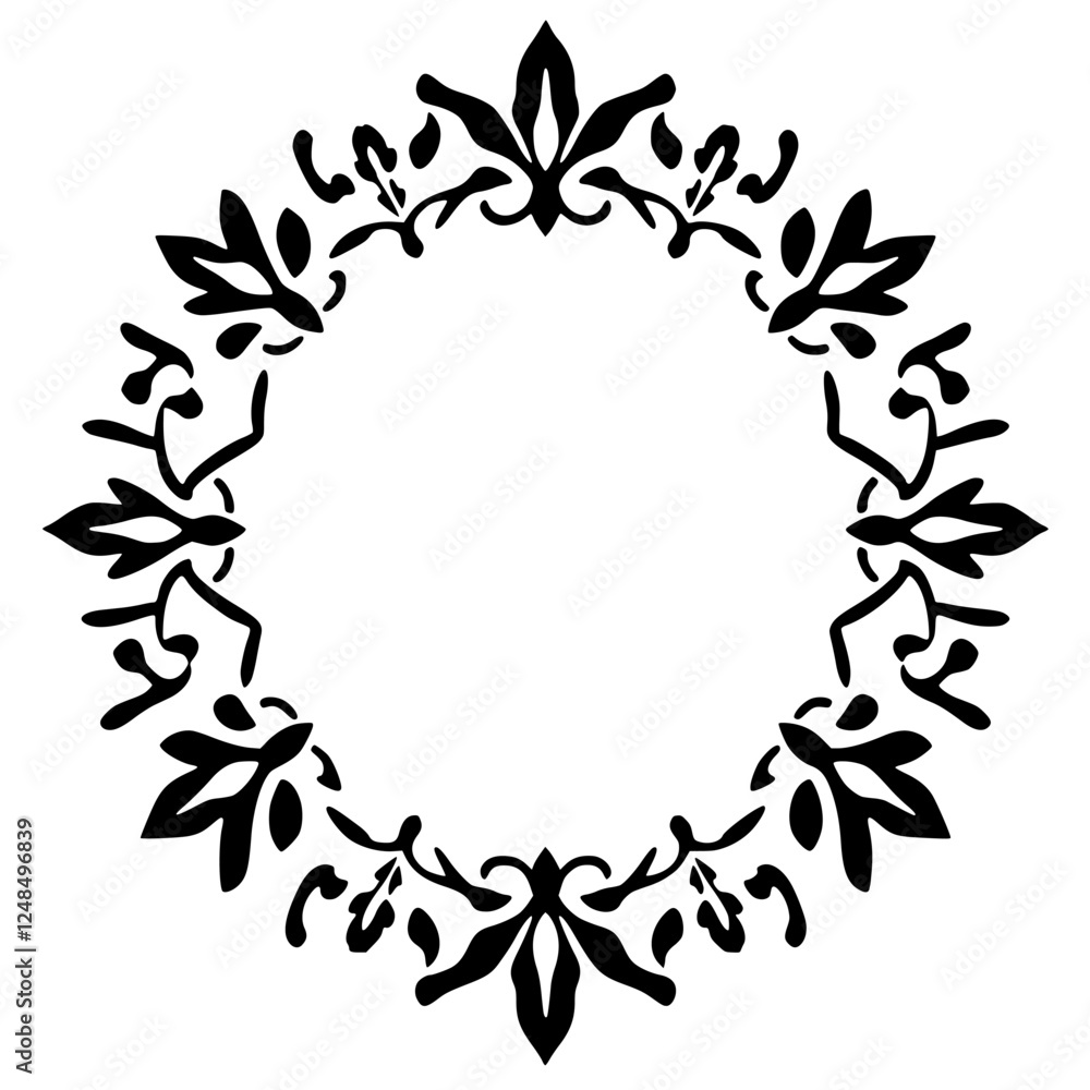 Black and white, circular floral frame with stylized leaves. Black and white, circular floral frame with stylized leaves.