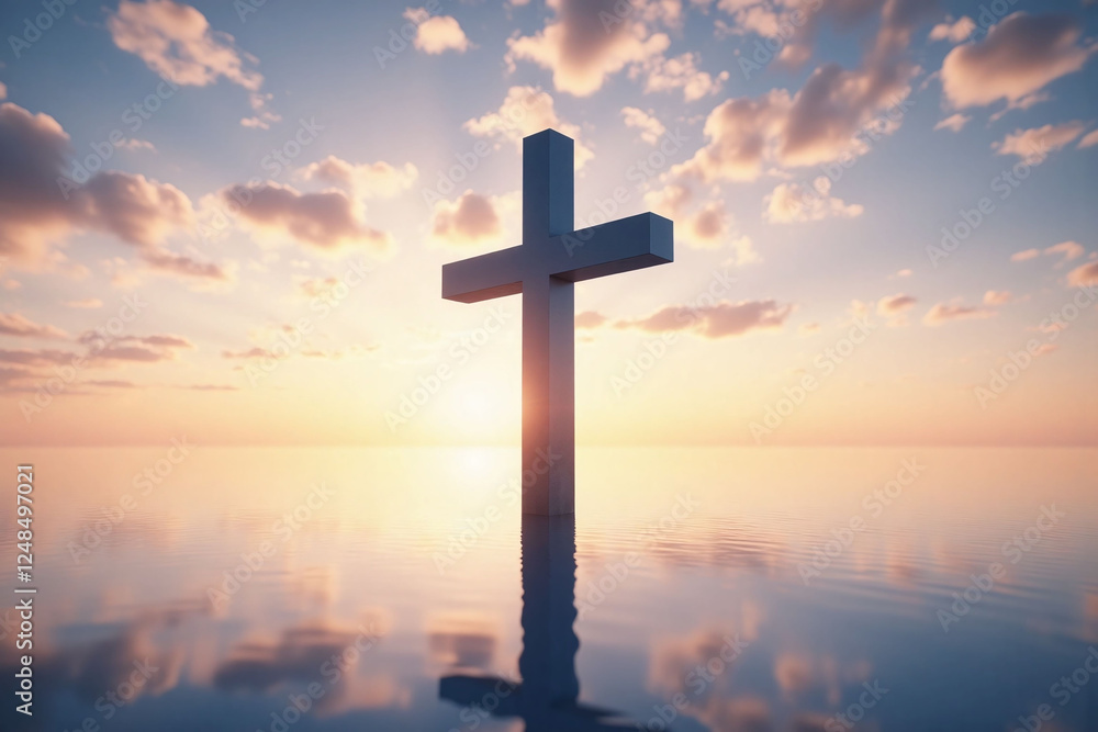 large dark blue cross on reflective surface colorful sunset sky large dark blue cross on reflective surface colorful sunset sky