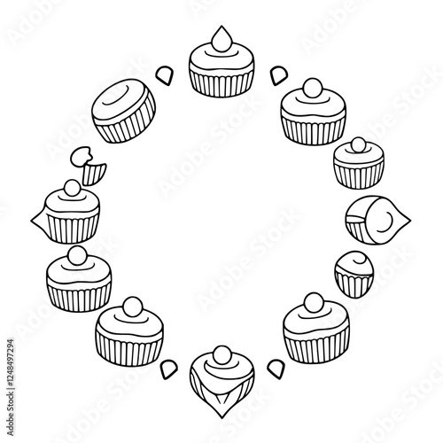 Cupcakes of the cupcakes, a series of cupcakes arranged in a circle, each with the black outline drawing.