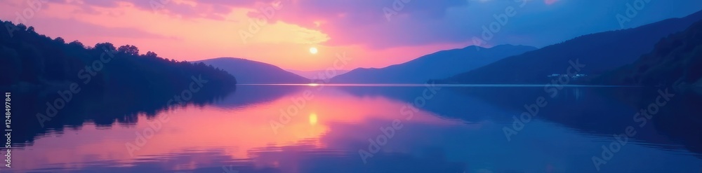 Fototapeta premium Abstract blue glow illuminates serene lake at dusk, natural light, sunset, lake