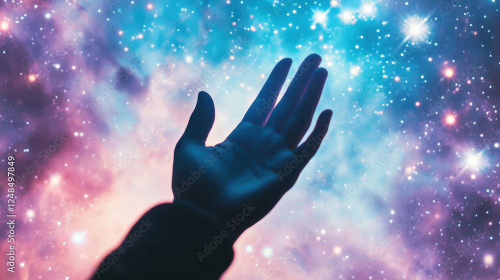Hand reaching towards vibrant cosmic sky with twinkling stars in mesmerizing nightscape Hand reaching towards vibrant cosmic sky with twinkling stars in mesmerizing nightscape