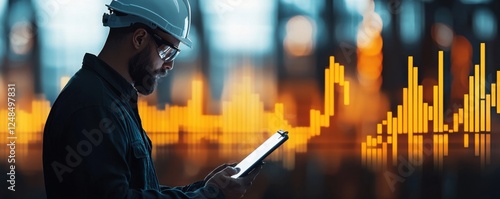 Engineer in hardhat analyzing energy production graphs charts and digital data systems on a tablet device against a blurred urban cityscape background  Concept of technology data analytics