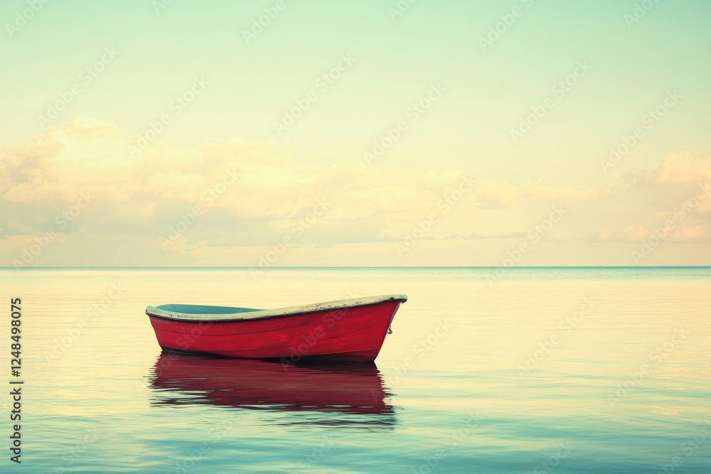 Red boat floats peacefully on calm ocean water at sunrise Red boat floats peacefully on calm ocean water at sunrise