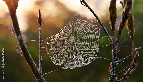 Wallpaper Mural A macro shot of a delicate spiderweb between two branches, adorned with early morning dew drops. The fine threads shimmer in the soft light, showcasing the beauty and intricacy of nature.
 Torontodigital.ca