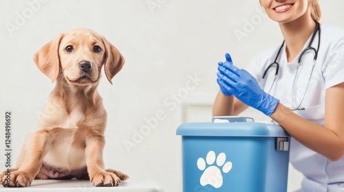 Veterinary professional preparing for a routine checkup with a playful puppy in a clean clinic setting