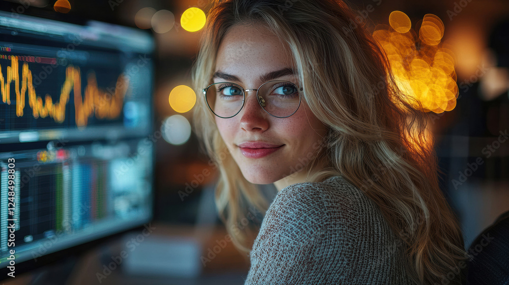 Young woman analyzing financial data on computer, trader or investor on the stock exchange or Forex, against the background of the quotes chart with copy space Young woman analyzing financial data on computer, trader or investor on the stock exchange or Forex, against the background of the quotes chart with copy space