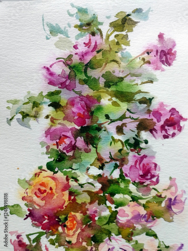 Abstract bright colored decorative background . Floral pattern handmade . Beautiful tender romantic bouquet of rose flowers , made in the technique of watercolors from nature.
