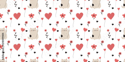 Seamless Valentine's Day pattern with cute cats, hearts, and flowers. Perfect for prints, fabrics, and decor