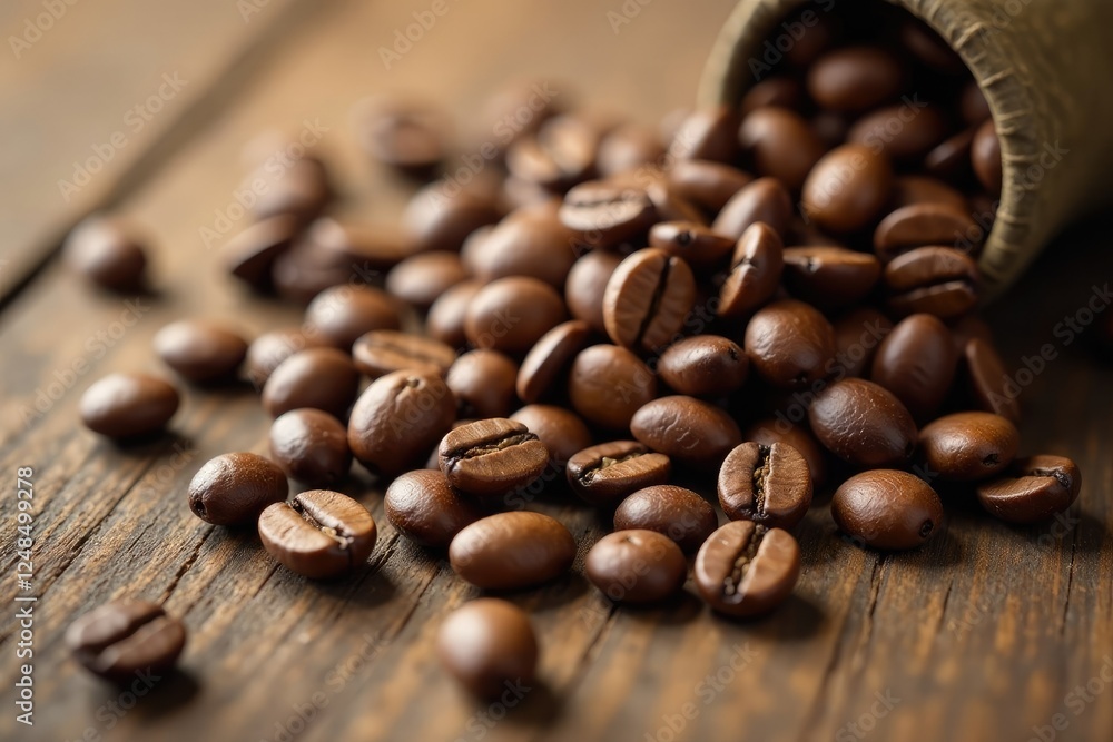 Aromatic coffee beans scattered on a wooden table, natural, seasonal Aromatic coffee beans scattered on a wooden table, natural, seasonal