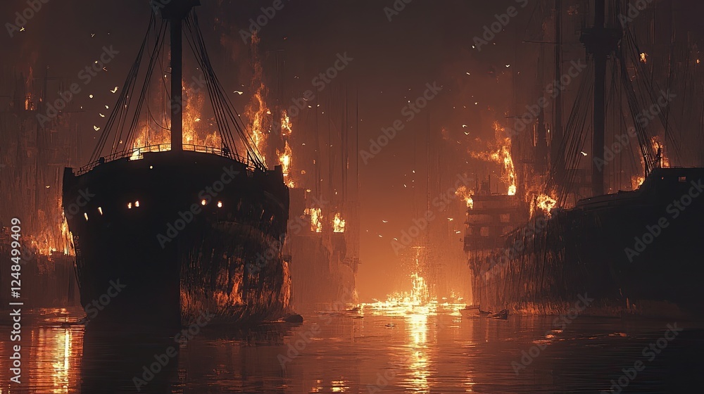 Fototapeta premium Burning Ships In A Dark Harbor At Night