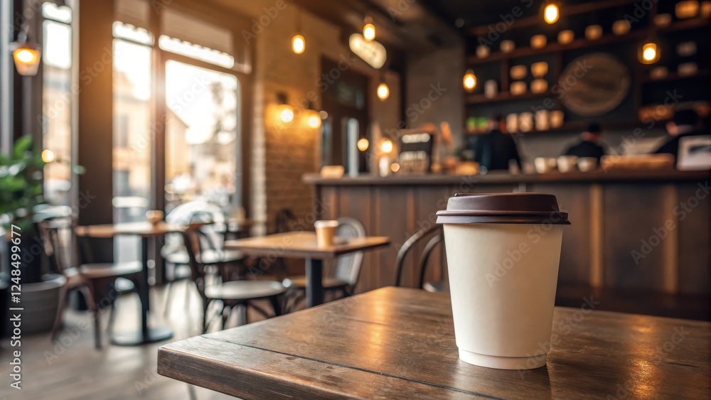 A single disposable coffee cup sits on a wooden table in a cozy cafe, showcasing a warm and inviting atmosphere A single disposable coffee cup sits on a wooden table in a cozy cafe, showcasing a warm and inviting atmosphere