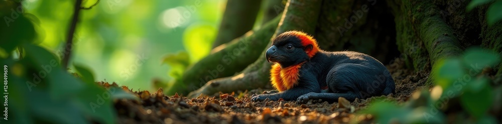 Fototapeta premium Aulador mother and pup resting in the shade of a tropical rainforest tree, mammal, wildlife, shade