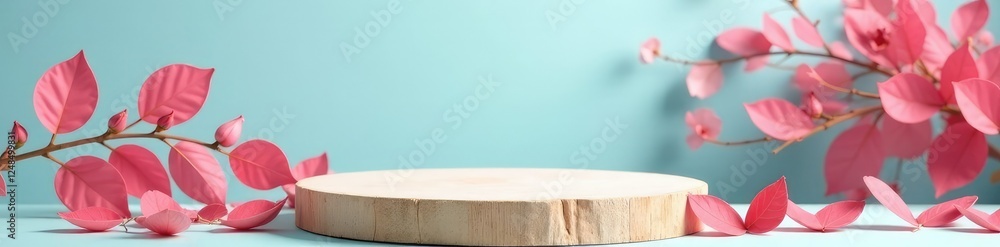 Fototapeta premium Autumnal podium made of natural wood and bright pink rosehip leaves against a light blue backdrop, wooden furniture, autumn decor, natural wood