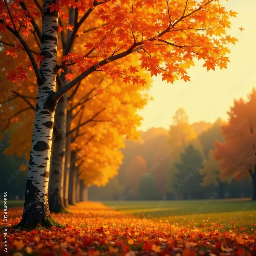 Fototapeta premium Autumn foliage of birch tree against warm sky, forest tree, bokeh background
