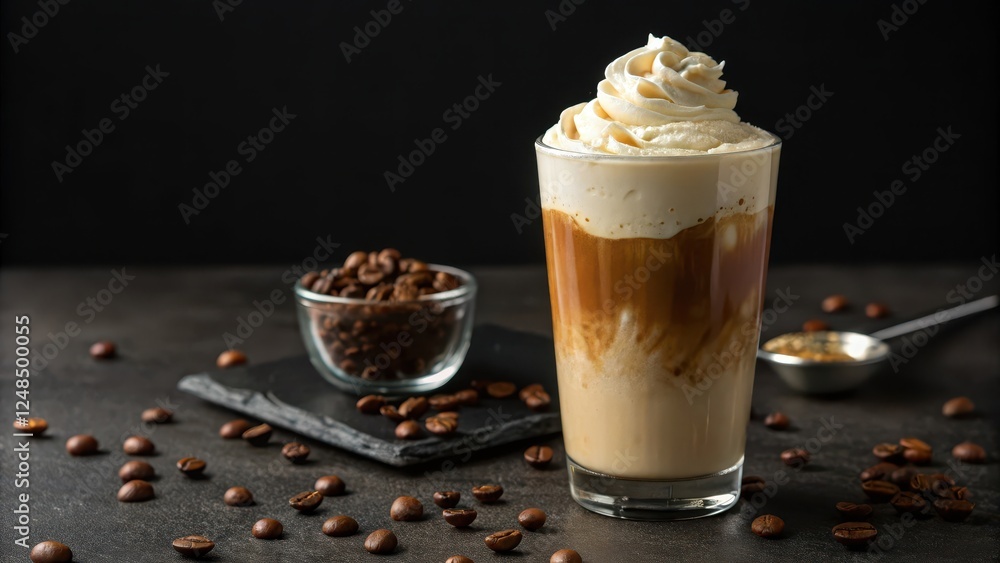 A refreshing iced coffee drink with whipped cream, served in a tall glass, accompanied by roasted coffee beans. A refreshing iced coffee drink with whipped cream, served in a tall glass, accompanied by roasted coffee beans.