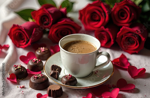 Steaming coffee mug with chocolate, red roses on background, love and romance theme, Valentine's Day, pink colors