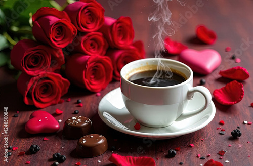 Steaming coffee mug with chocolate on table, red roses on background, love and romance theme, Valentine's Day, pink colors