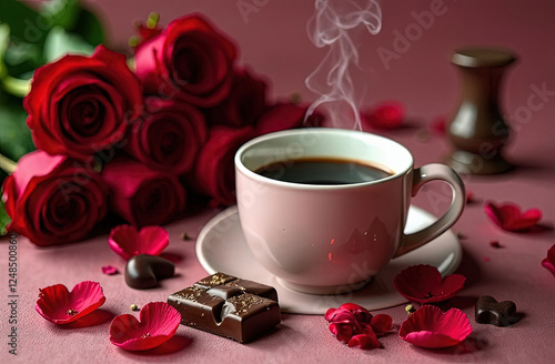 Steaming coffee mug with chocolate, red roses on background, love and romance theme, Valentine's Day, pink colors