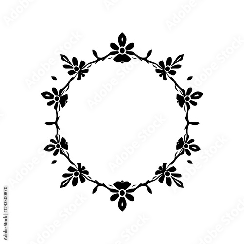 A monochromatic floral wreath formed from flowers, leaves and stems, with the central portion empty.