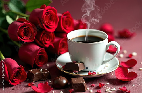 Steaming coffee mug with chocolate, red roses on background, love and romance theme, Valentine's Day, pink colors