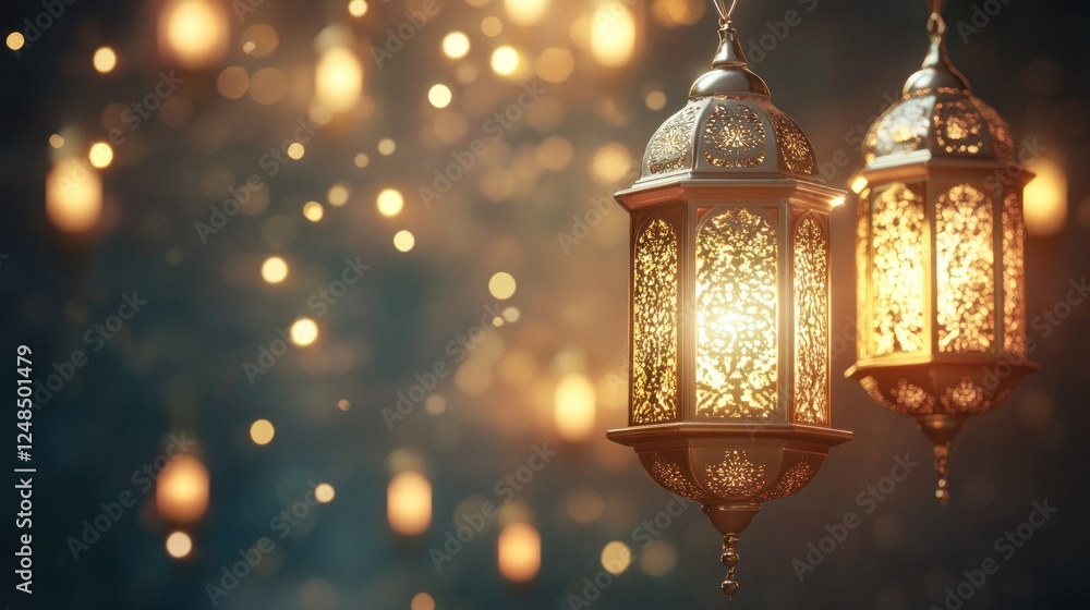 Elegant Golden Lanterns Glow Brightly Against a Soft Background Elegant Golden Lanterns Glow Brightly Against a Soft Background