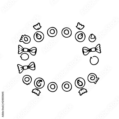 Black and white arrangement of candies, bows, and sweets forming a circle, ringed with candies and bow ties on a white backdrop. photo