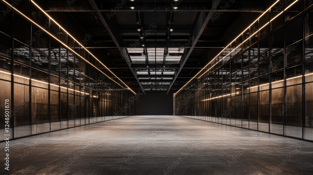 futuristic warehouse room dark mirror glossy 3d rendering illustration with concrete grunge floor dark interior with lights shining from the sides futuristic warehouse room dark mirror glossy 3d rendering illustration with concrete grunge floor dark interior with lights shining from the sides