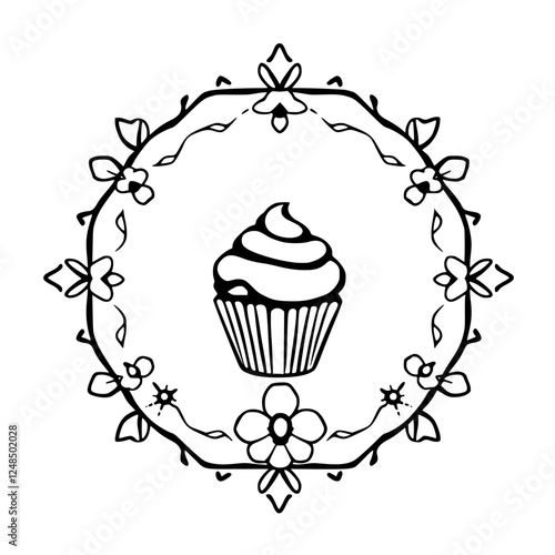 A cupcake surrounded by a floral wreath.