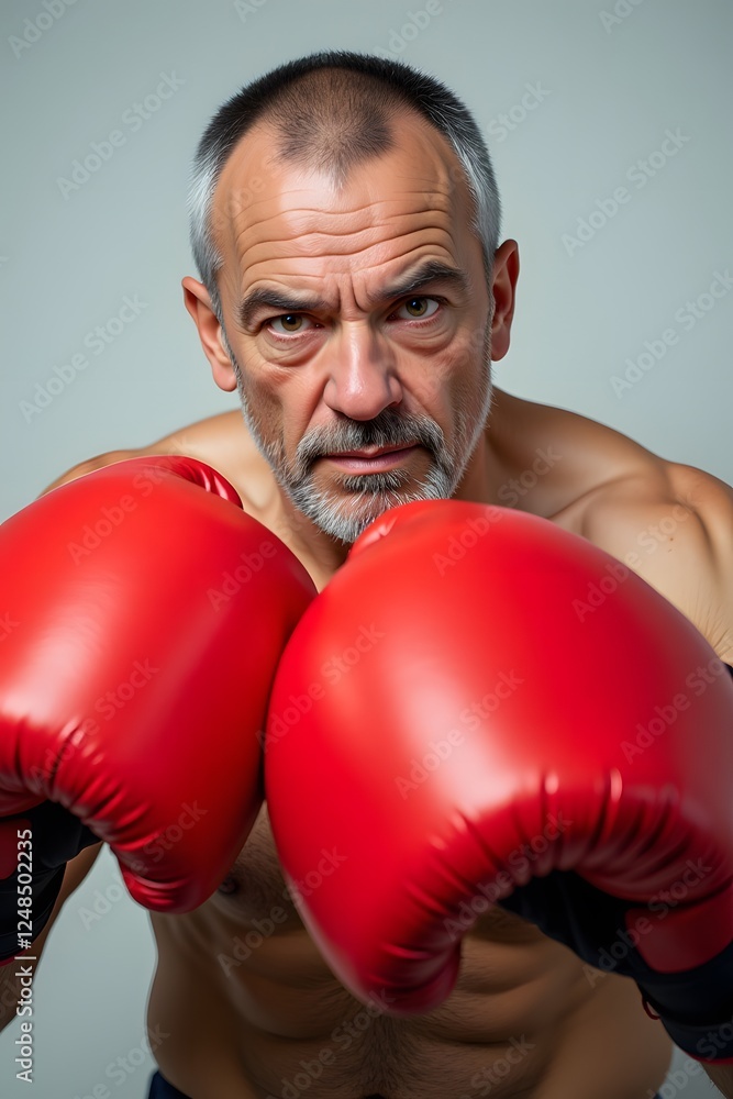 Focused elderly caucasian male boxer with red gloves and determined expression Focused elderly caucasian male boxer with red gloves and determined expression