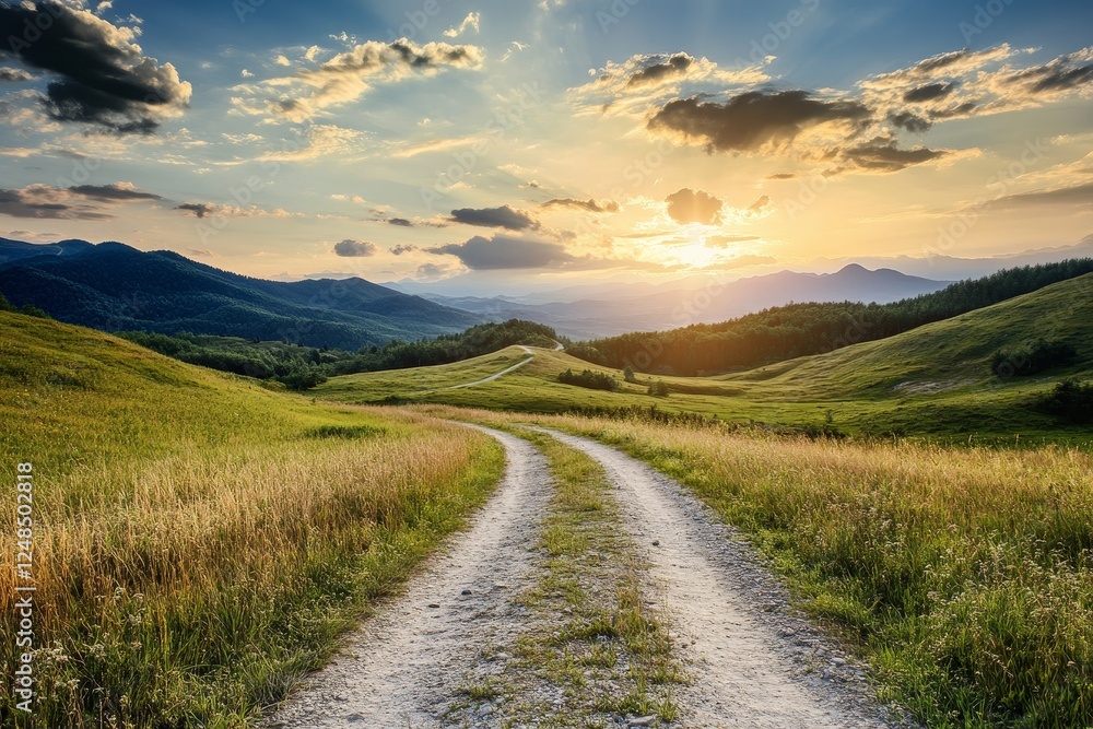 Sunset mountain road, meadow, scenic landscape Sunset mountain road, meadow, scenic landscape
