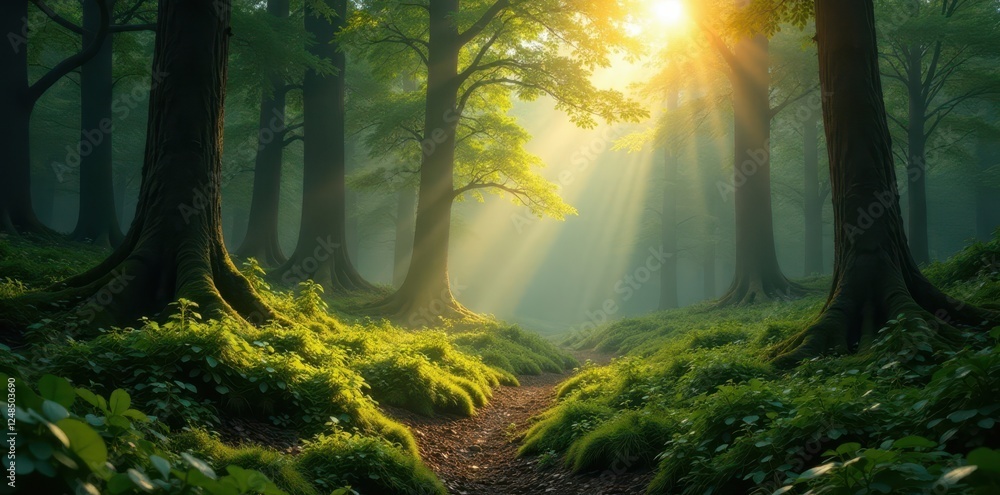 Obraz premium Sunlit moss glade in a vast, tranquil forest panorama, woodland, panorama, breathtaking