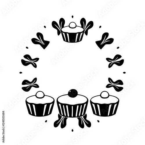 Black and white, circular image of cupcakes and leaves.