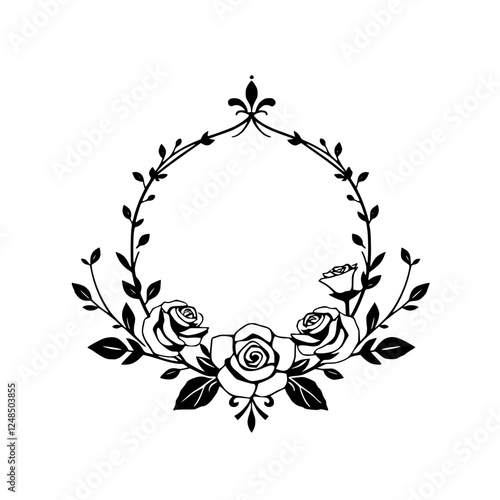 Elegant rose wreath in black and white, minimalistic style.