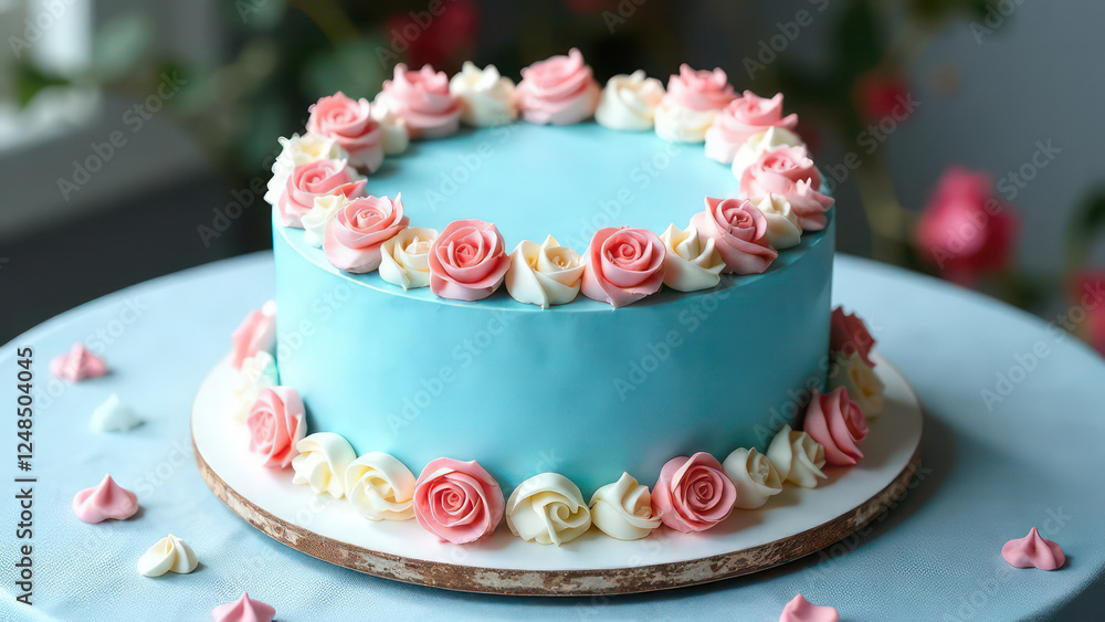blue cream cake on table; cake decorated with sugar hearts and flowers figure blue cream cake on table; cake decorated with sugar hearts and flowers figure