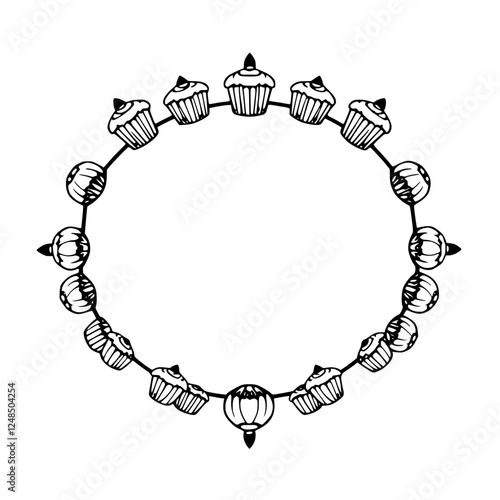 Doodled cupcakes and lanterns frame in a circle on a white background, minimalist, black and white.