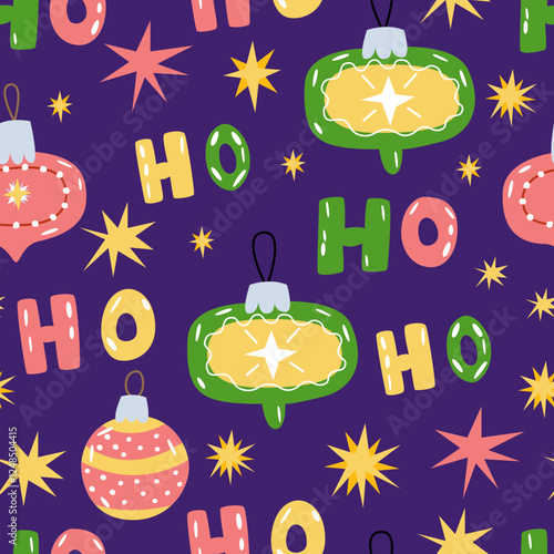 Christmas vector pattern with tree toys. Hand drawn cartoon flat background for winter decor, textile, wrapping paper