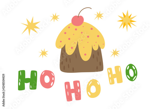 Winter greeting card with glaze cake and ho ho ho inscription. Merry Christmas and happy New Year. Party, celebrating holidays