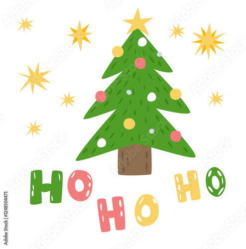 Vector Winter greeting card with evergreen tree and ho ho ho inscription. Merry Christmas and happy New Year. Party, celebrating holidays