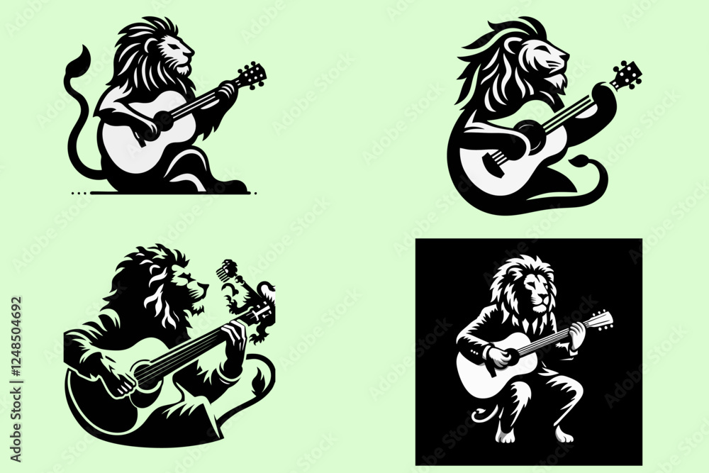 Illustration of a lion playing guitar, suitable for guitar company logos, children's toys, book covers, magazines, children's fairy tales, musical instrument shops, guitar strings, guitar picks, Illustration of a lion playing guitar, suitable for guitar company logos, children's toys, book covers, magazines, children's fairy tales, musical instrument shops, guitar strings, guitar picks,