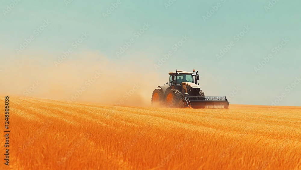 Fototapeta premium Tractor Harvesting Golden Wheat Field Efficiently During Summer
