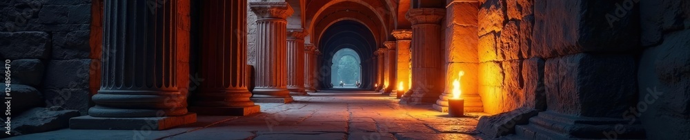 Fototapeta premium Narrow corridor lined with large stone pillars, archway, column, torches