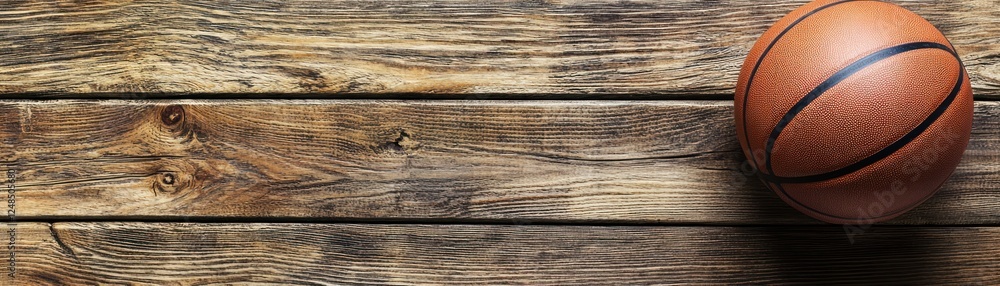 Basketball on weathered wooden surface, sport, background, use for website banner Basketball on weathered wooden surface, sport, background, use for website banner