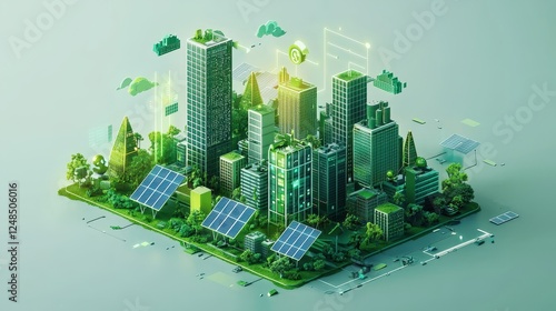 A cityscape with buildings and trees and a green roof
