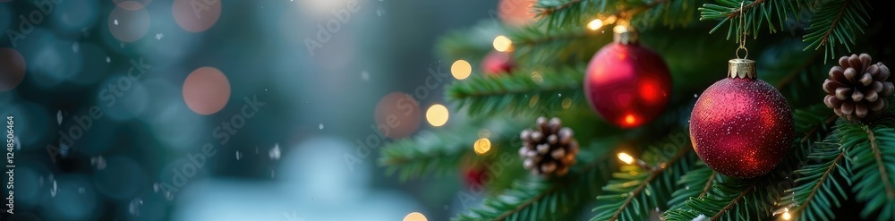 Obraz premium Ornaments and lights adorn an evergreen branch with pinecones, lights, tree, winter