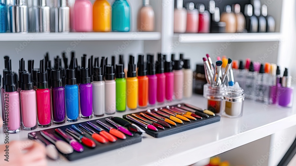 Colorful Nail Polish Bottles And Tools Displayed On Shelves Colorful Nail Polish Bottles And Tools Displayed On Shelves