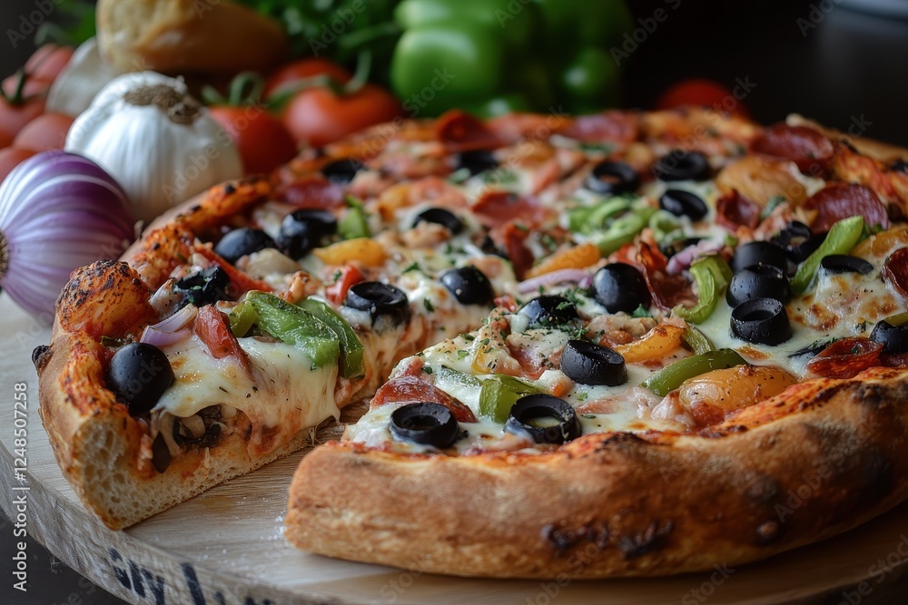 Delicious pepperoni pizza with olives, peppers, and onions, a slice removed, on a wooden board with fresh vegetables. Delicious pepperoni pizza with olives, peppers, and onions, a slice removed, on a wooden board with fresh vegetables.