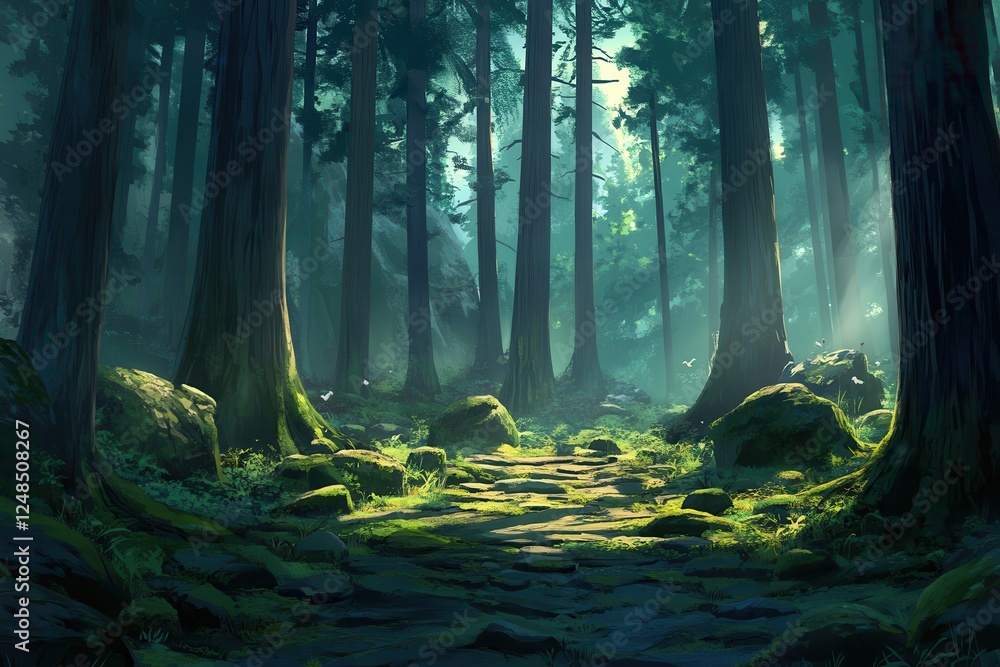 Obraz premium Sunlit path through mossy forest with tall trees and rocks.